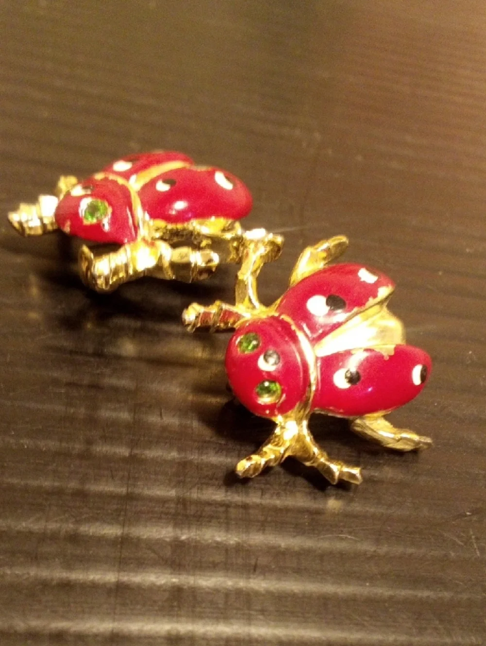 Gold-Tone Red Ladybug Brooches with Green Accents